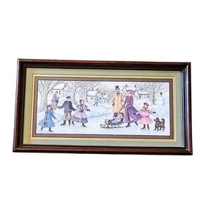 Vintage Joan Stier Victorian Christmas Ice Skating Framed Art Print Home Int